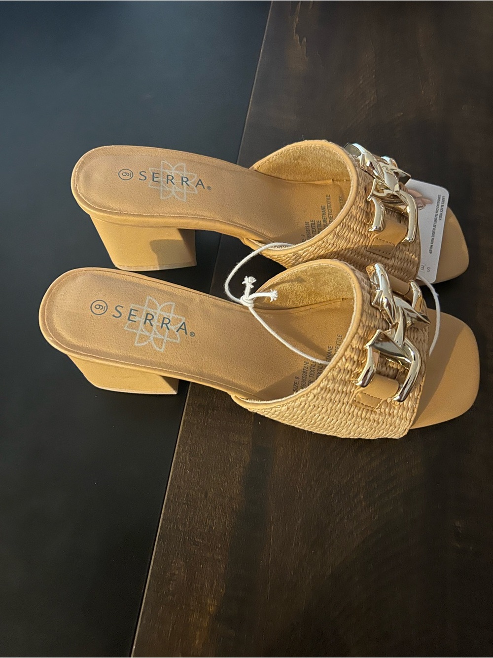 Serra Tan Woven Block Heel Mules with Gold Chain Detail - Picture 2 of 4